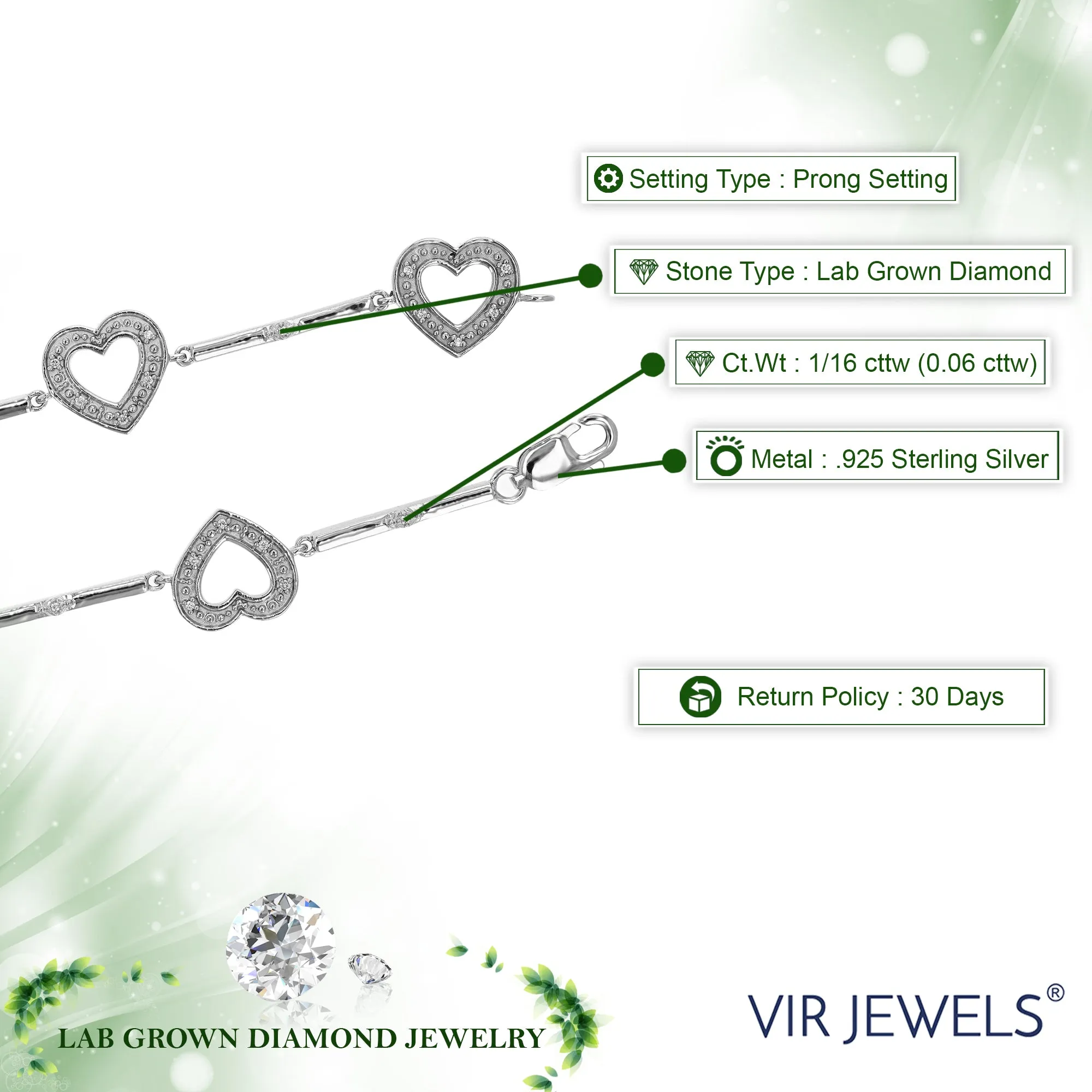 1/16 cttw Lab Grown Diamond Heart Station Tennis Bracelet in Silver