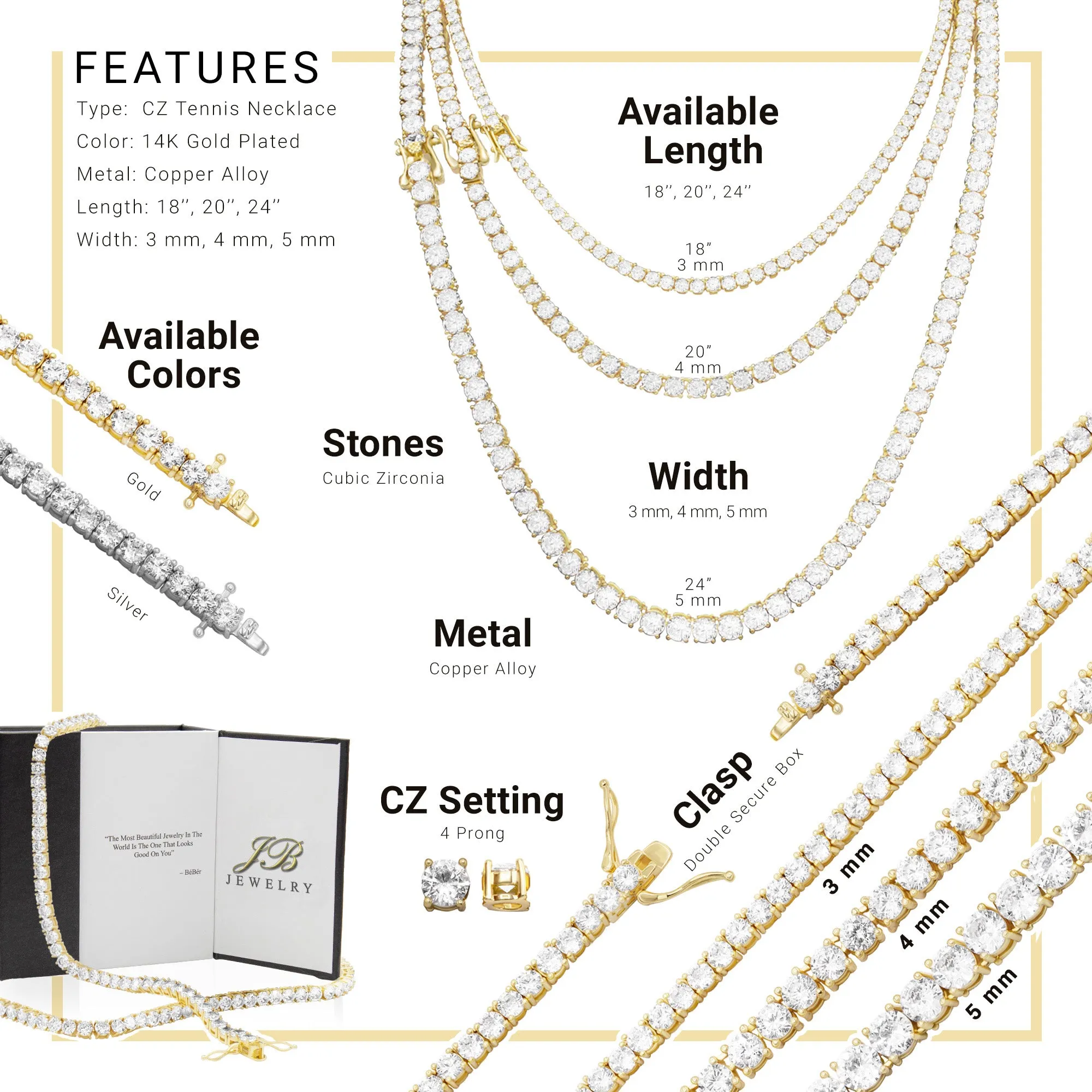 14K Gold Plated Tennis Chain Cubic Zirconia Necklace For Women 18" 20" 24"