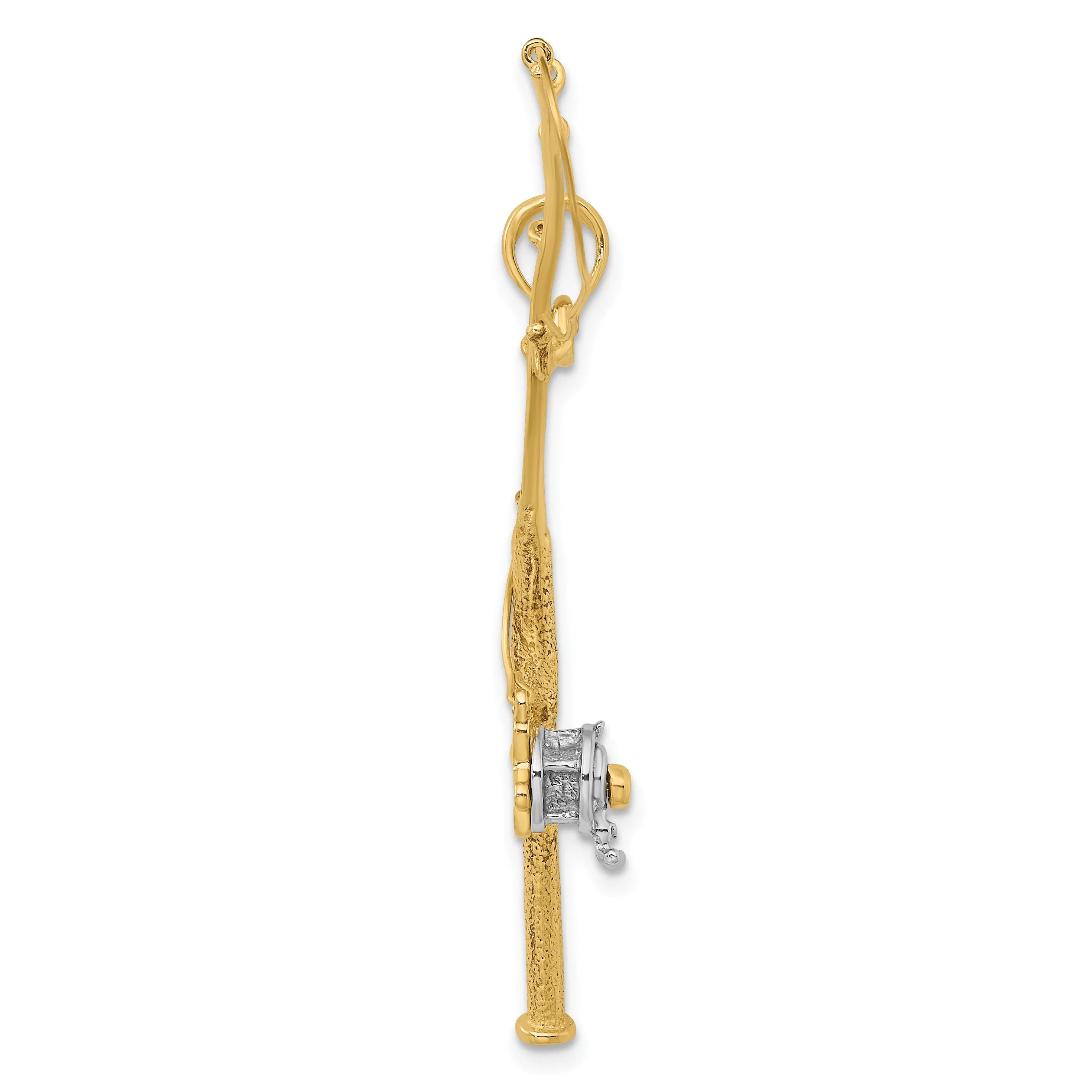 14K Yellow Gold With Rhodium Polished Finish 3-Dimensional Moveable Fishing Pole With Reel Charm Pendant