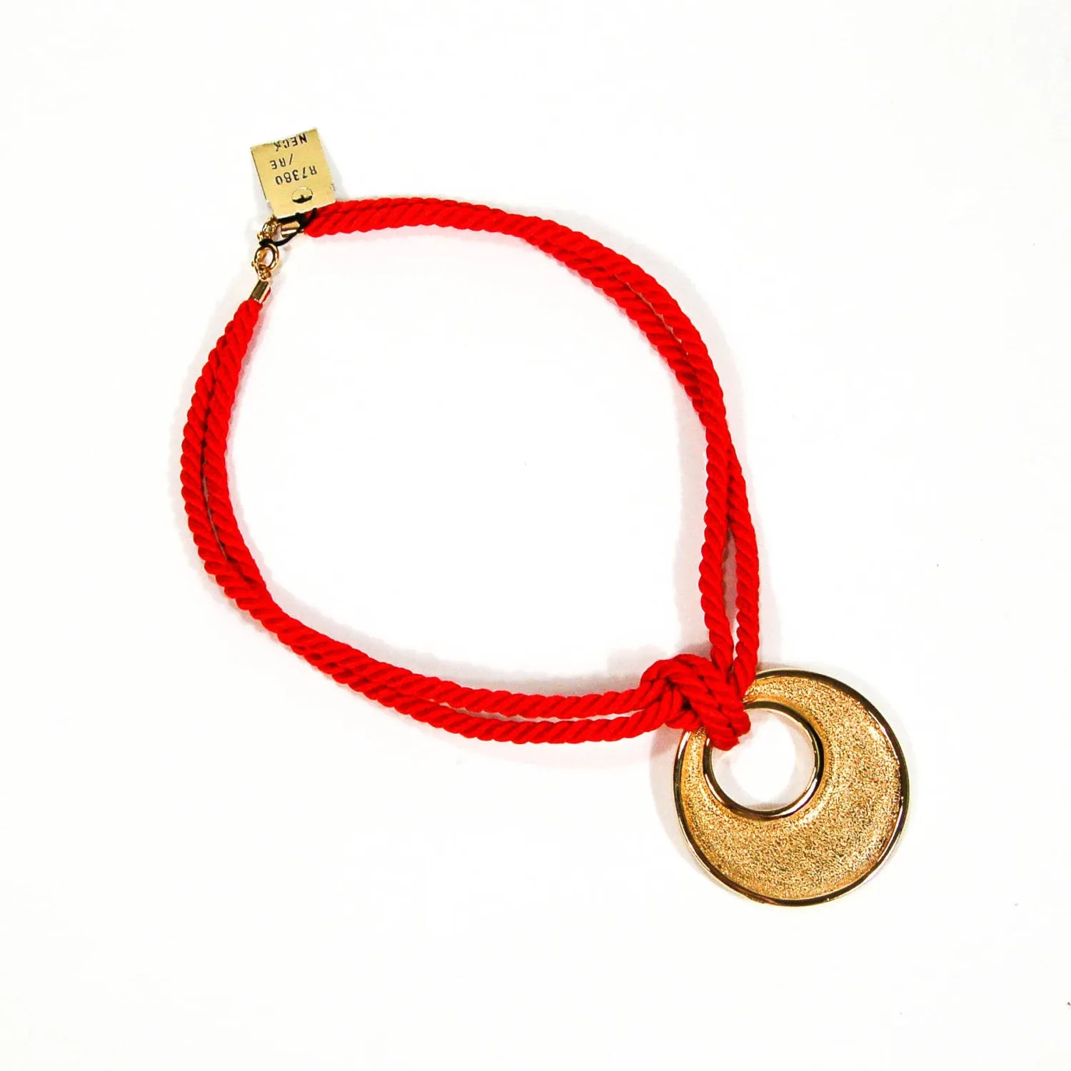 1970's Red Silk Cord Necklace with Gold Pendant by Genevieve