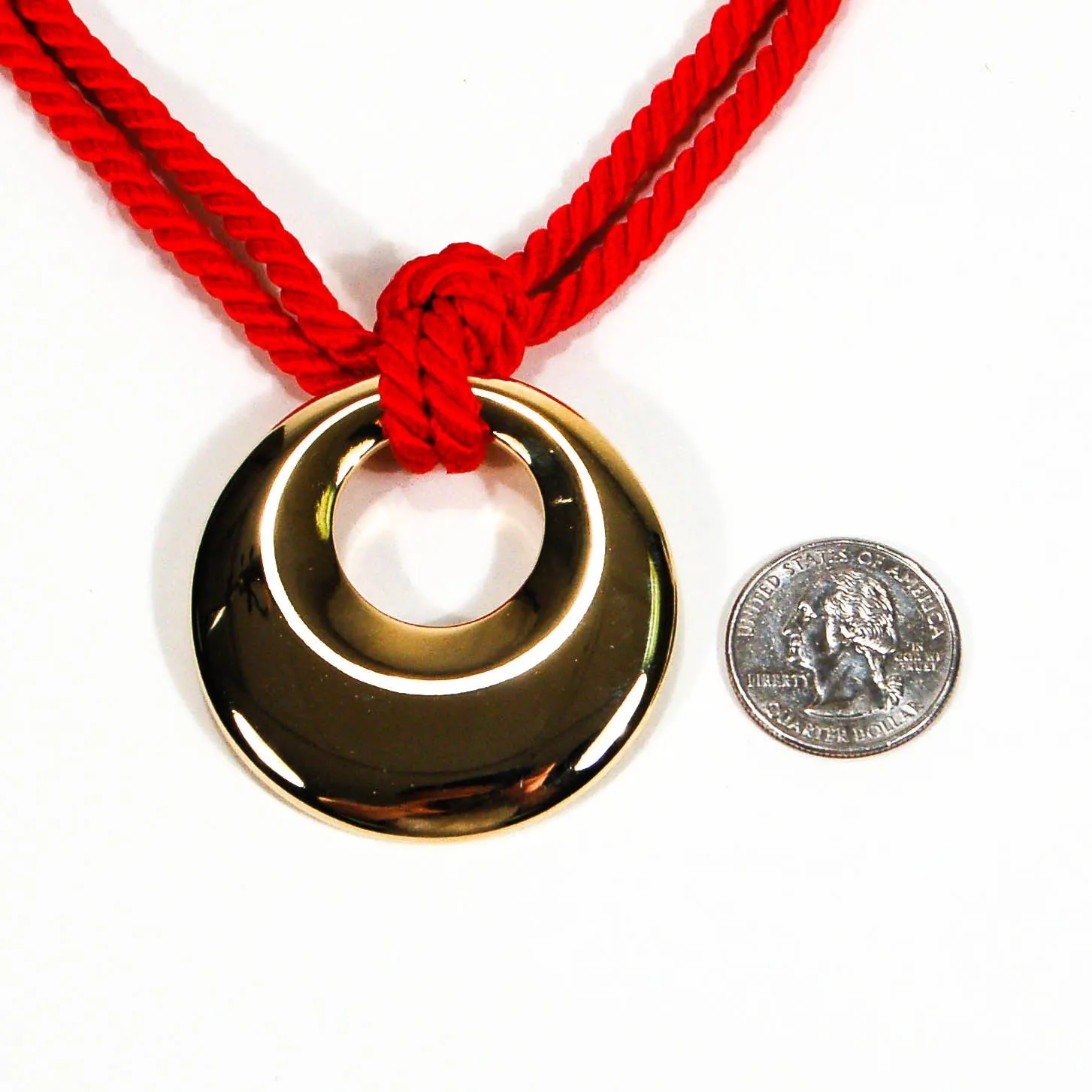 1970's Red Silk Cord Necklace with Gold Pendant by Genevieve