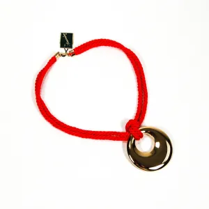 1970's Red Silk Cord Necklace with Gold Pendant by Genevieve