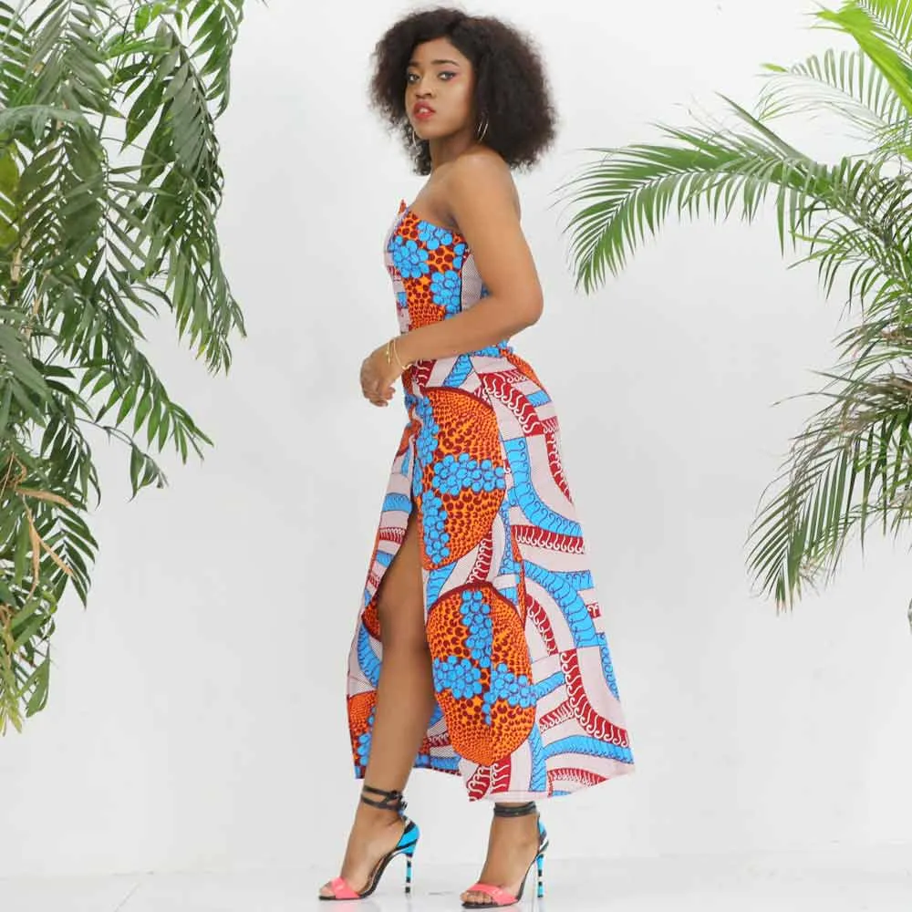 African  Kitenge Ankara Wax Print Strapless Dress With Slit