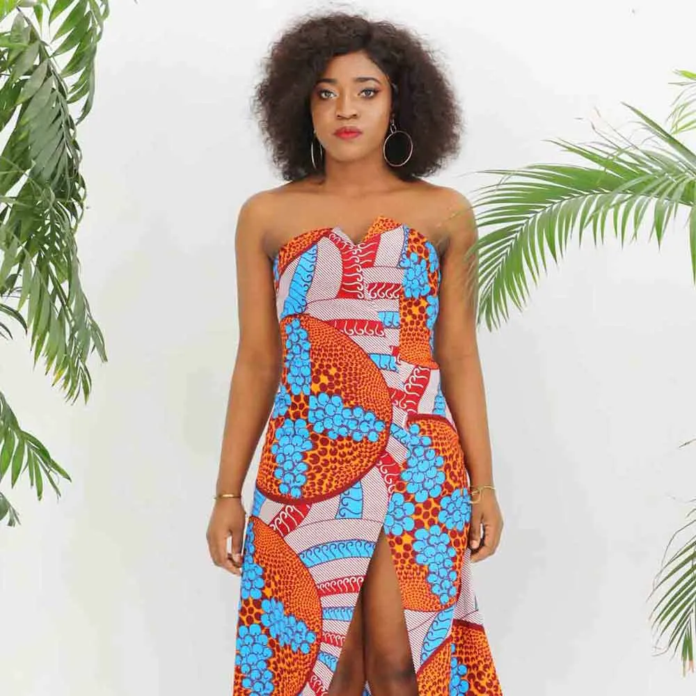 African  Kitenge Ankara Wax Print Strapless Dress With Slit