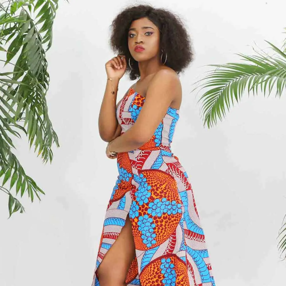 African  Kitenge Ankara Wax Print Strapless Dress With Slit