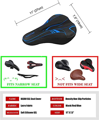 AlexVyan Soft Bicycle Silicone Gel Saddle Cover ( 11*7.5 Inch) Cycling Cushion Pad City Cycle Seat Cover Gym Cycle Gel Cover -Fits Narrow/Slim Seats (Black and Blue)