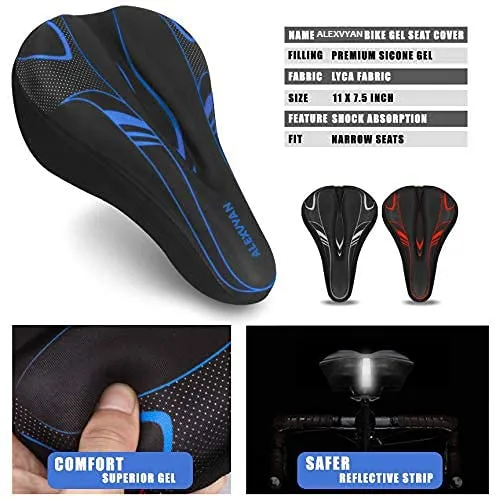 AlexVyan Soft Bicycle Silicone Gel Saddle Cover ( 11*7.5 Inch) Cycling Cushion Pad City Cycle Seat Cover Gym Cycle Gel Cover -Fits Narrow/Slim Seats (Black and Blue)
