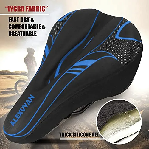 AlexVyan Soft Bicycle Silicone Gel Saddle Cover ( 11*7.5 Inch) Cycling Cushion Pad City Cycle Seat Cover Gym Cycle Gel Cover -Fits Narrow/Slim Seats (Black and Blue)