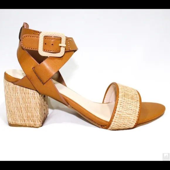 Bamboo tan open toe ankle strap casual heel