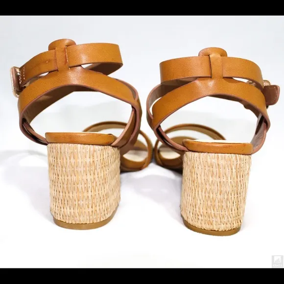 Bamboo tan open toe ankle strap casual heel