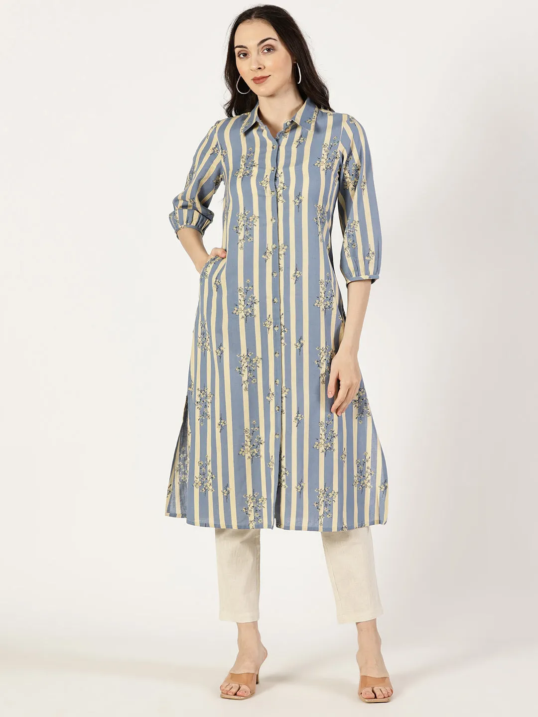 Blue Floral Print Shirt Kurta