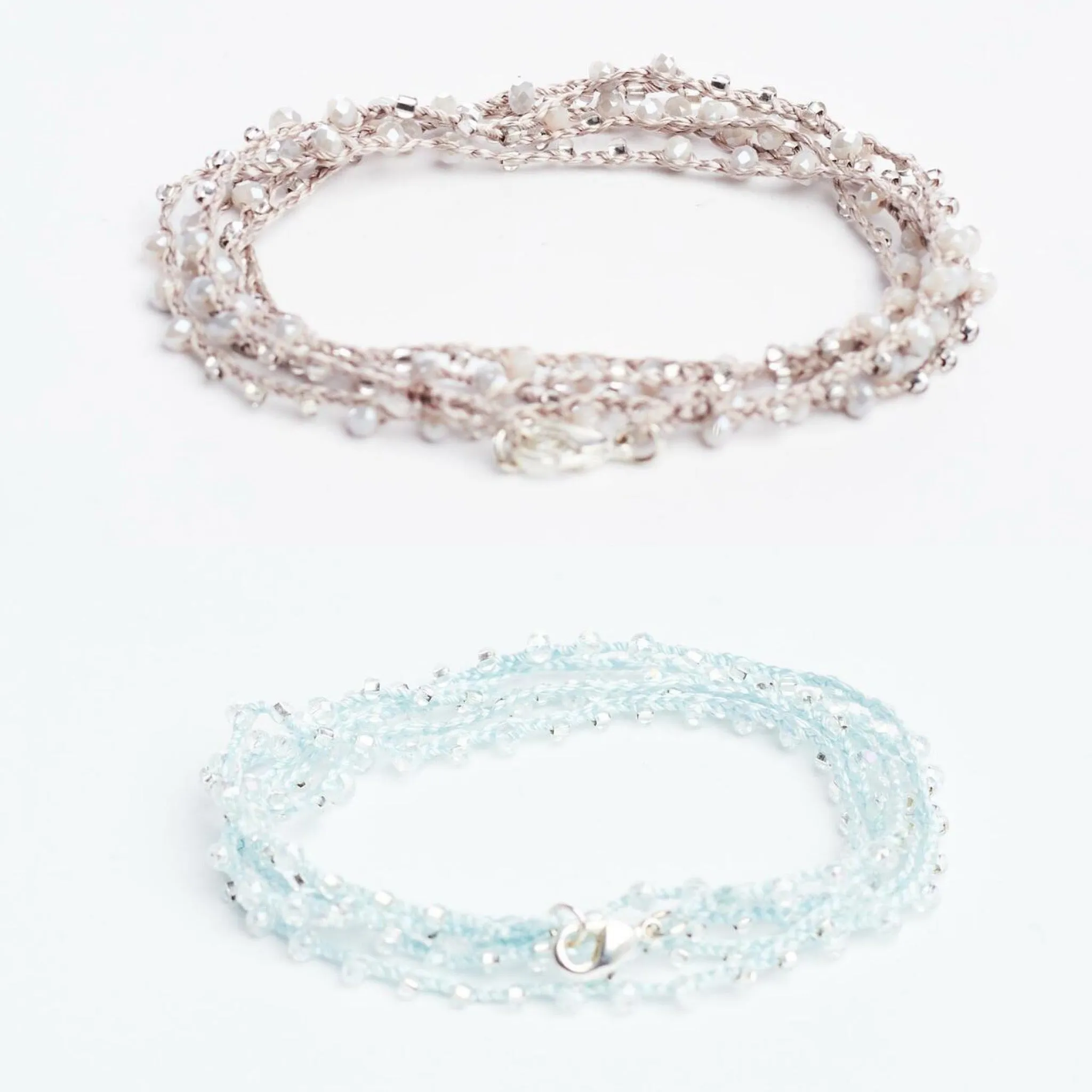 Braided 32" Faceted Beaded Necklaces Silver & Aquamarine