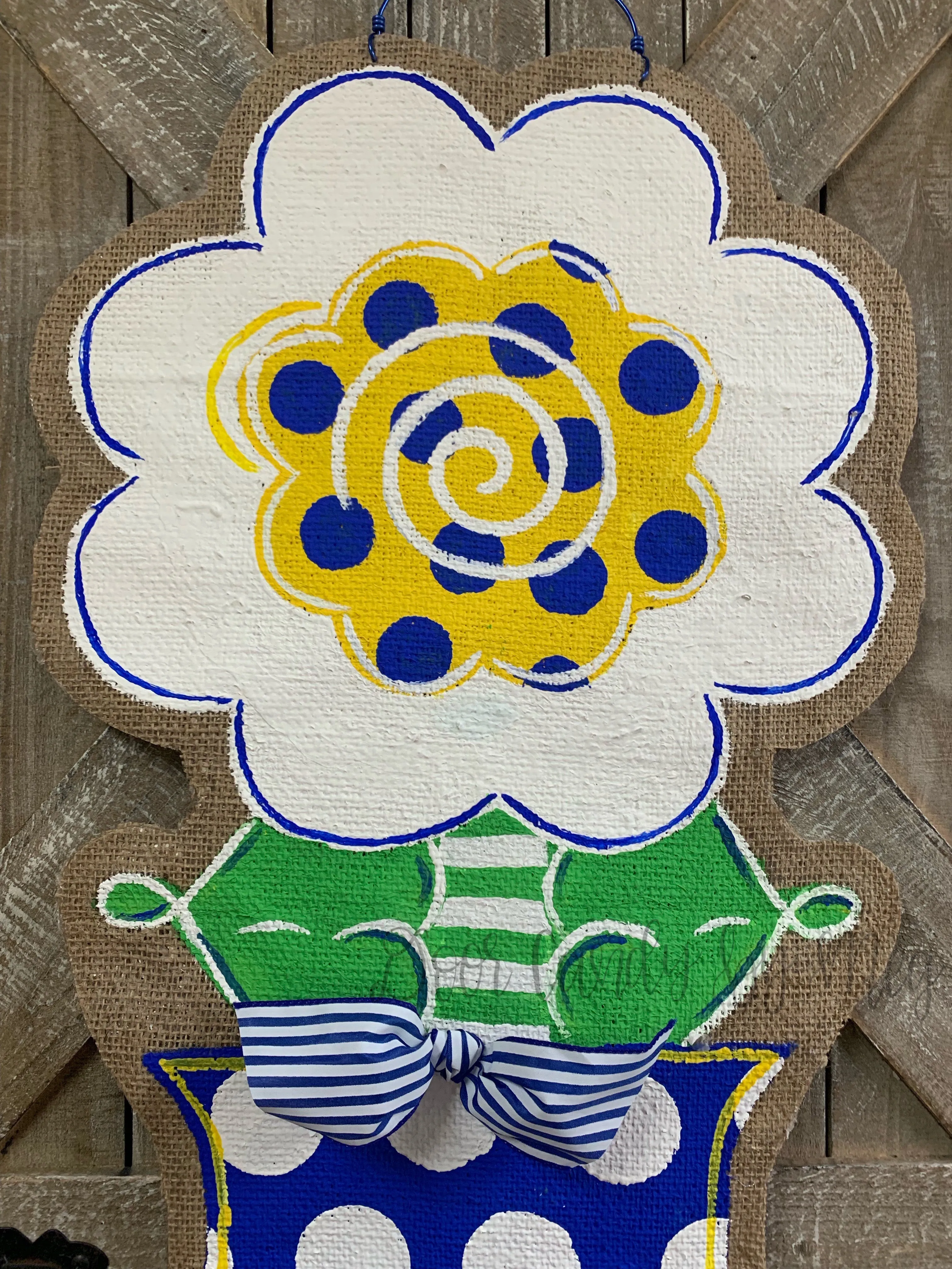 Burlap Flower Door Hanger - Stacey Spring Flower in Blue/White