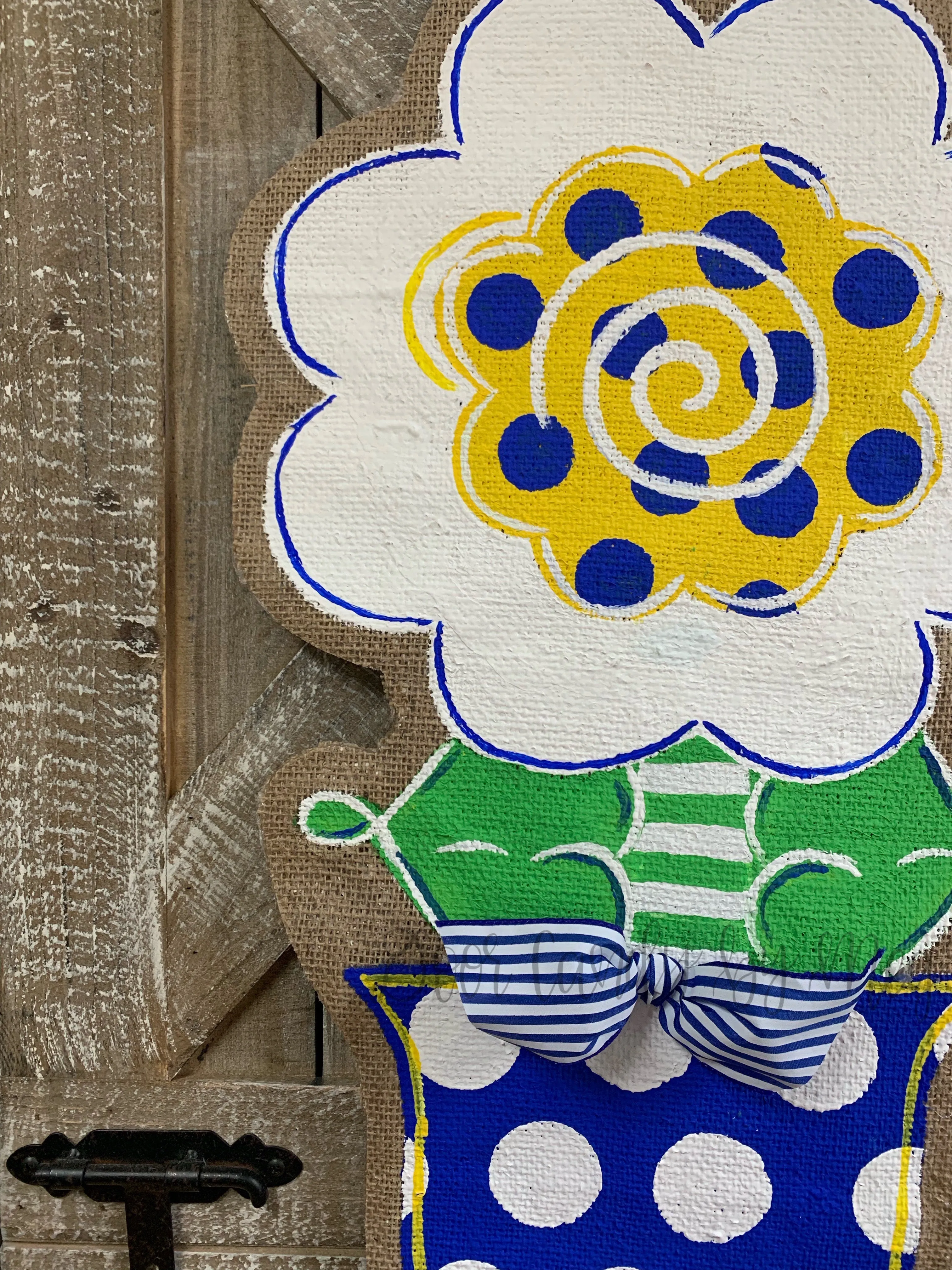 Burlap Flower Door Hanger - Stacey Spring Flower in Blue/White