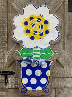 Burlap Flower Door Hanger - Stacey Spring Flower in Blue/White