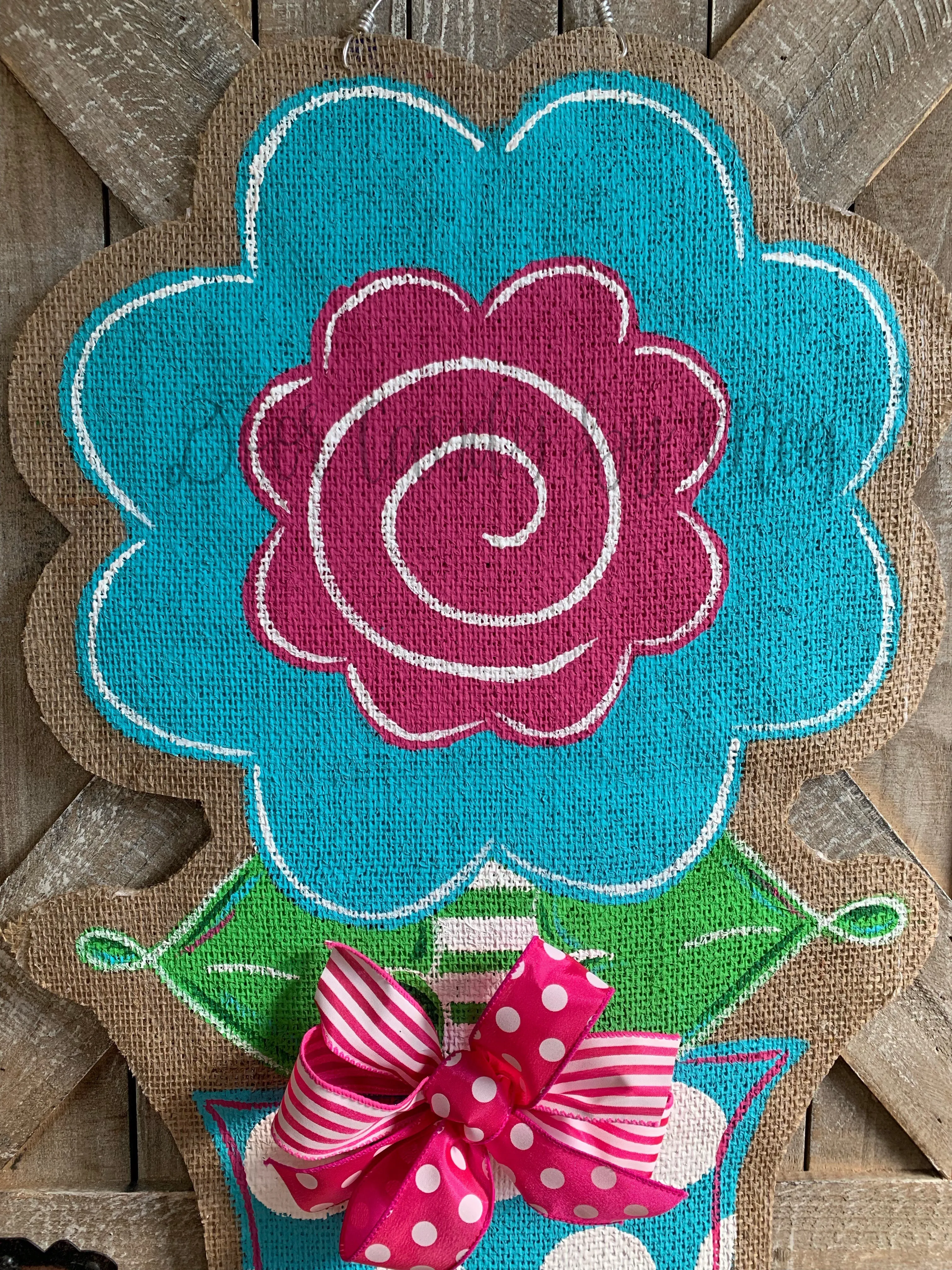 Burlap Flower Door Hanger - Stacey Spring Flower in Pink & Turquoise