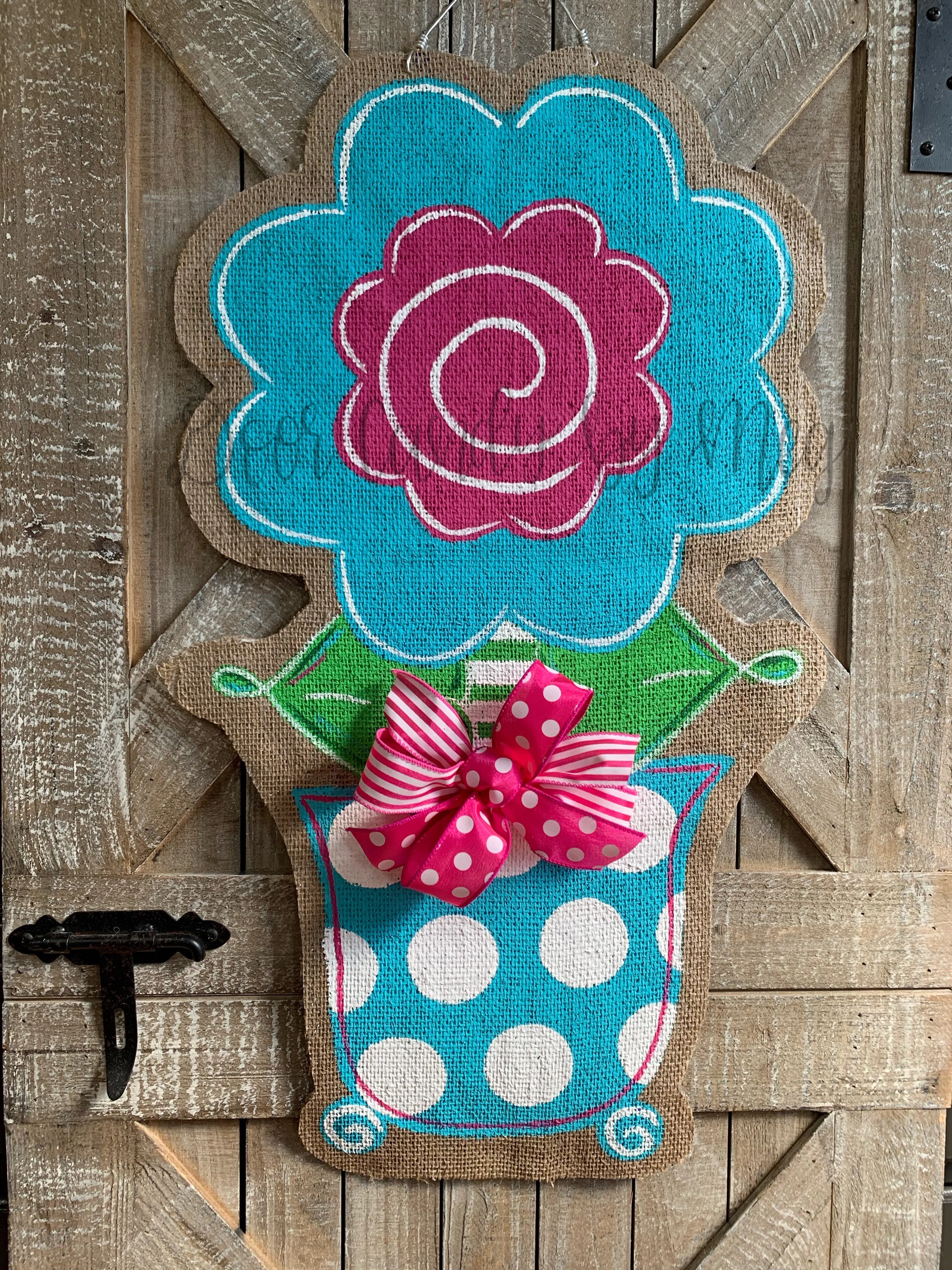Burlap Flower Door Hanger - Stacey Spring Flower in Pink & Turquoise