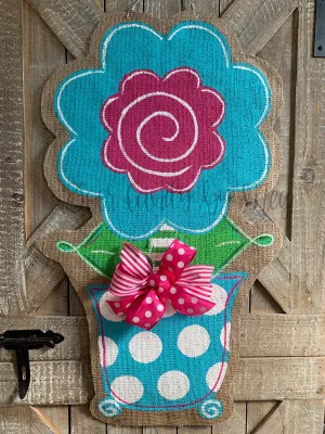 Burlap Flower Door Hanger - Stacey Spring Flower in Pink & Turquoise
