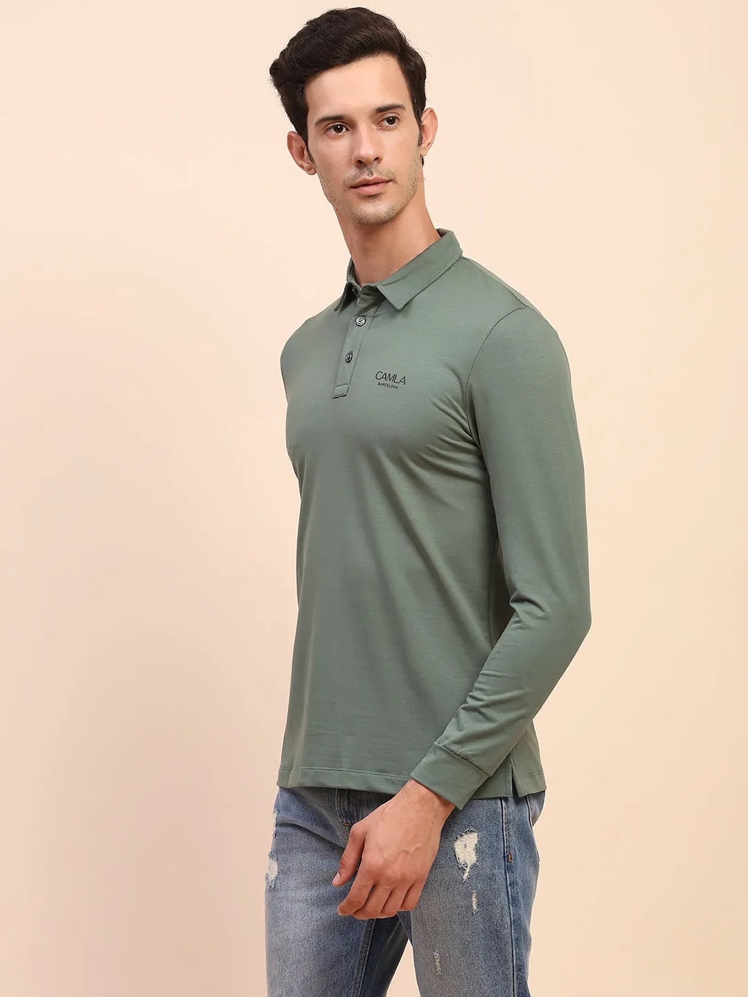 Camla Barcelona Polo Neck Full Sleeve Green Tshirt