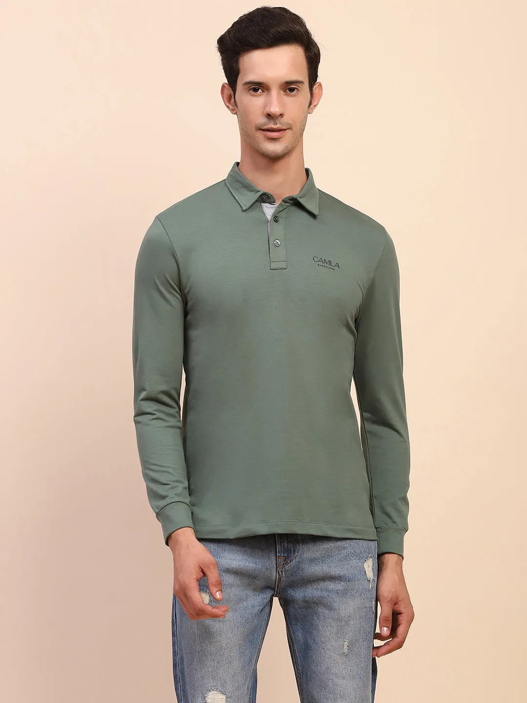 Camla Barcelona Polo Neck Full Sleeve Green Tshirt