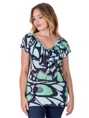 Cap Sleeve Green Butterfly Print Ruffle V Neck Womens Top
