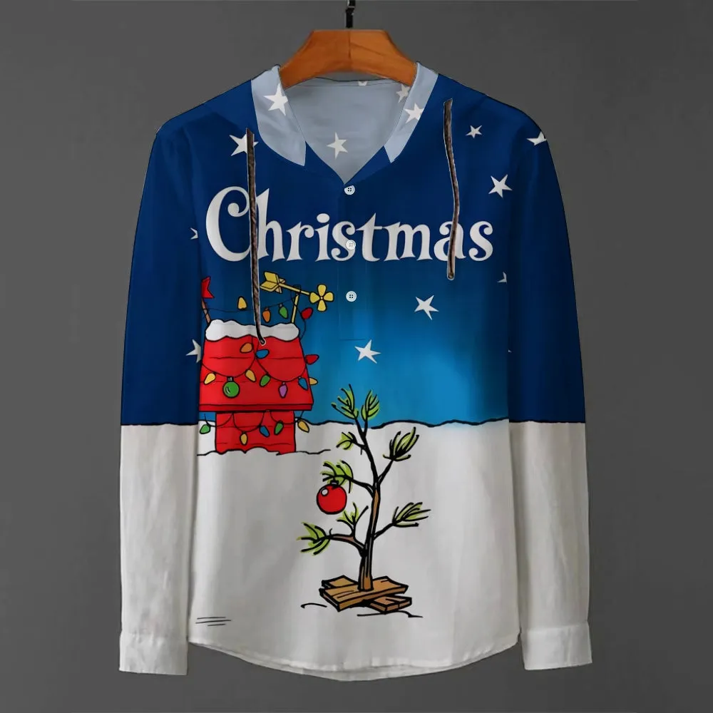 Christmas Tree Holiday Blue Cartoon Hooded half-open long-sleeved shirt