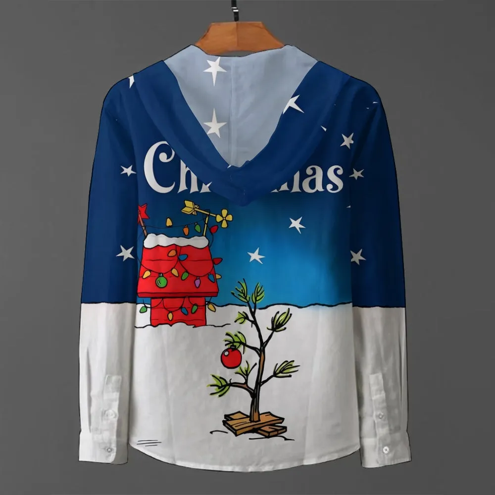 Christmas Tree Holiday Blue Cartoon Hooded half-open long-sleeved shirt
