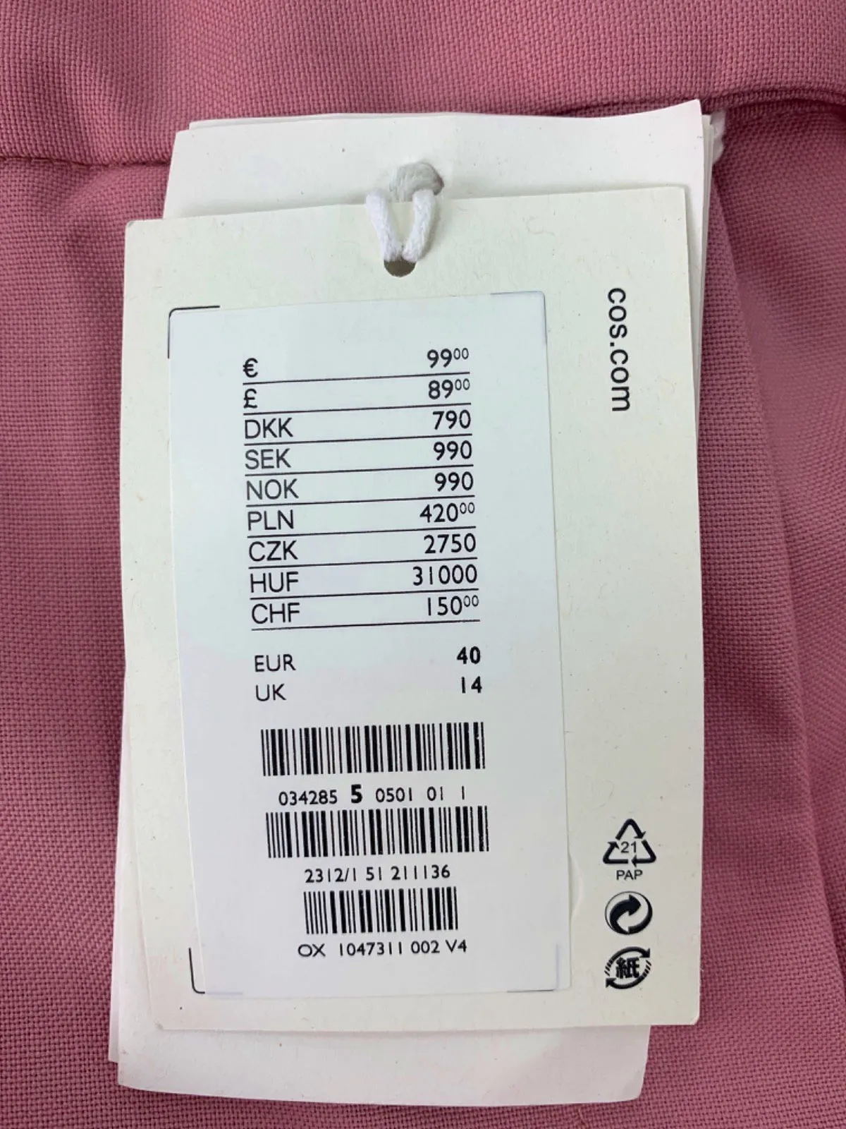 COS Pink Wool Trousers UK 14
