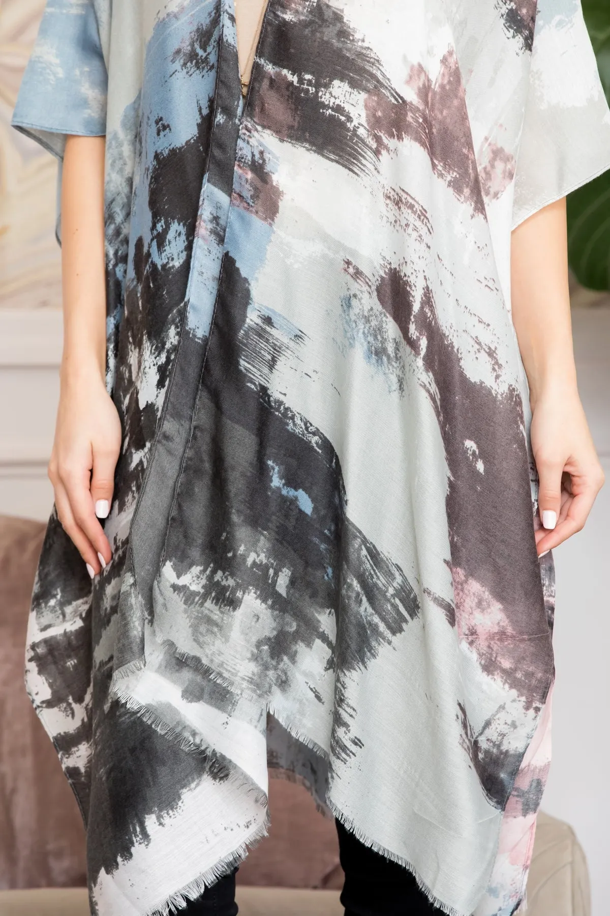DISTRESSED PAINT STYLE OPEN FRONT KIMONO