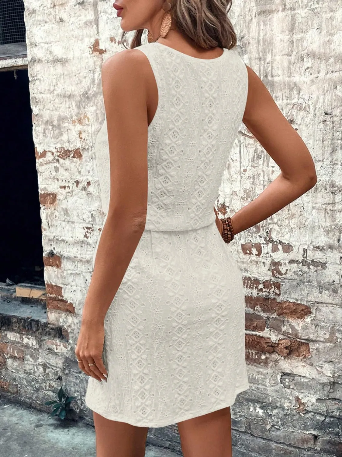 Eyelet Drawstring Round Neck Sleeveless Dress