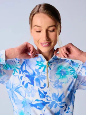 G Lifestyle Long Sleeve Zip Mock Neck - Water Color Flower