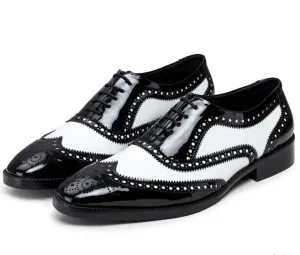 Handmade Black & White Color Patent Leather Wing Tip Brogues Stylish Oxfords Dress Shoes For Men's