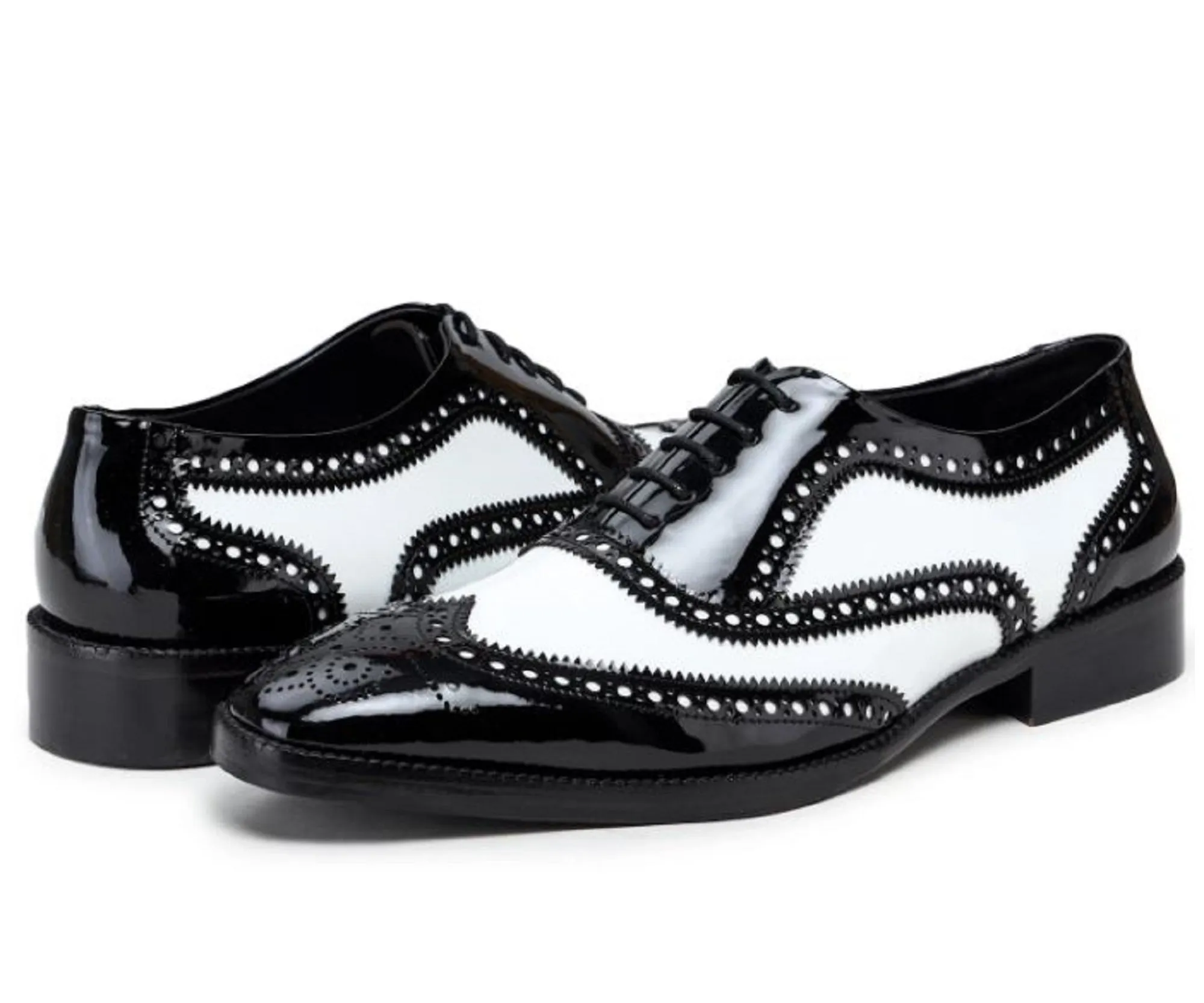 Handmade Black & White Color Patent Leather Wing Tip Brogues Stylish Oxfords Dress Shoes For Men's