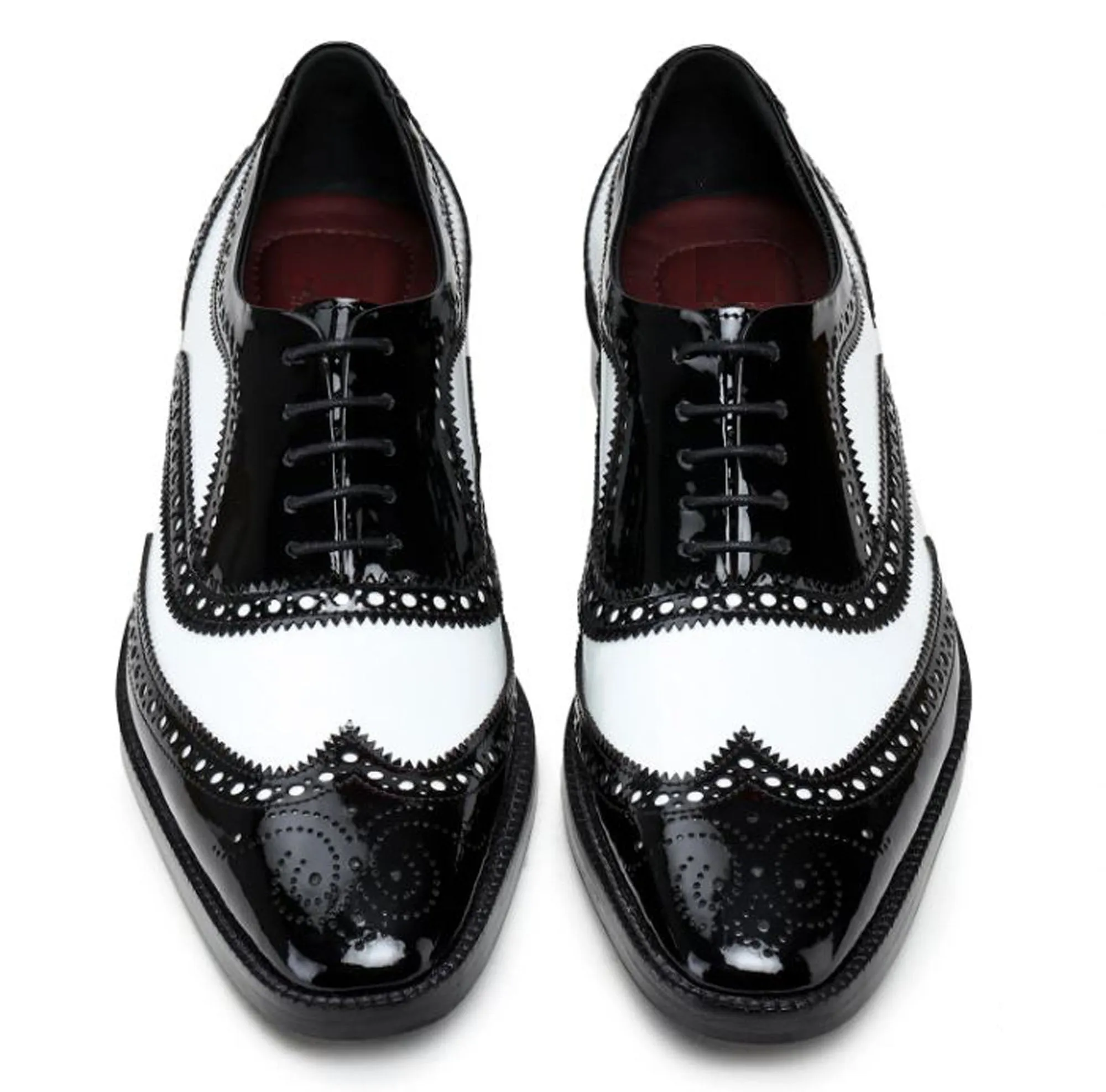 Handmade Black & White Color Patent Leather Wing Tip Brogues Stylish Oxfords Dress Shoes For Men's