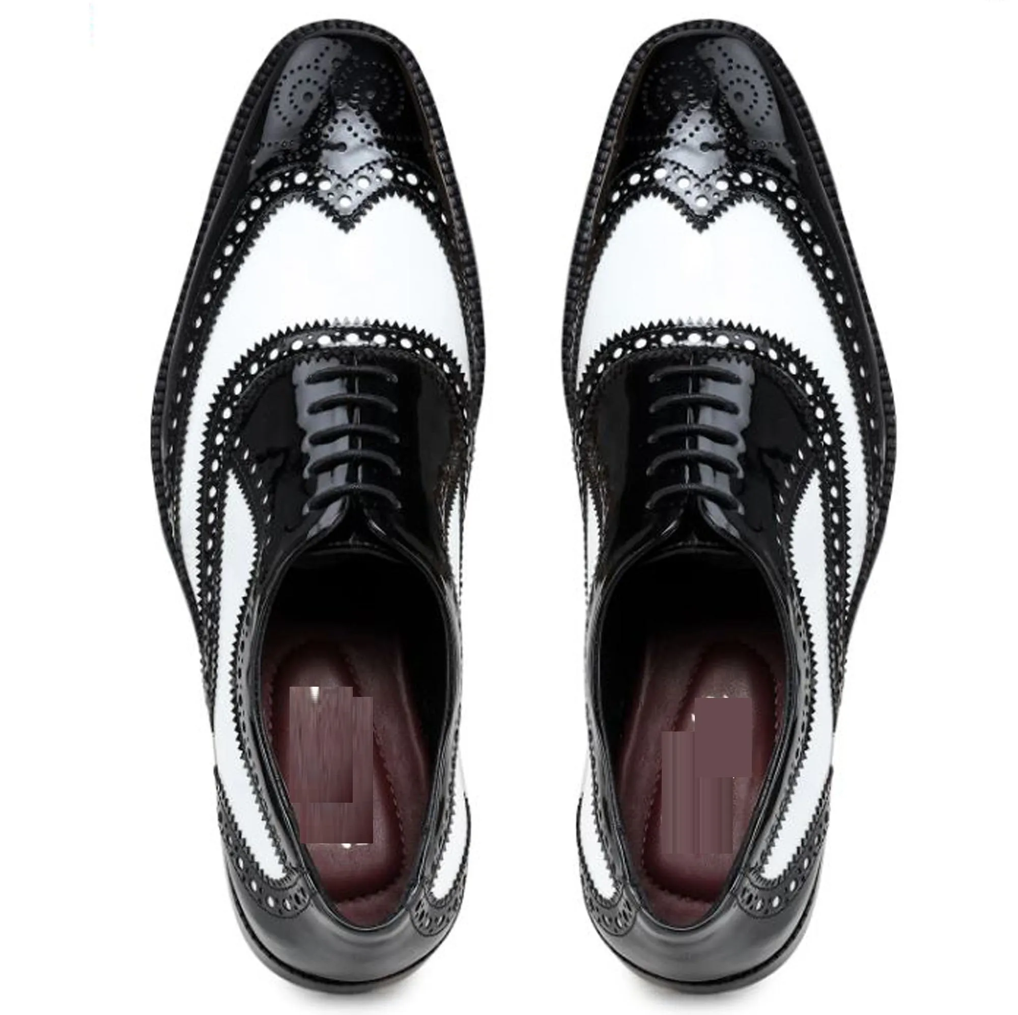 Handmade Black & White Color Patent Leather Wing Tip Brogues Stylish Oxfords Dress Shoes For Men's