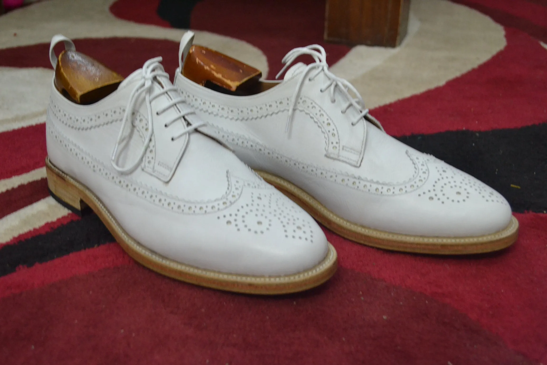 Handmade White Color Genuine Leather Wing Tip Brogues Stylish Oxfords Dress Shoes For Men's