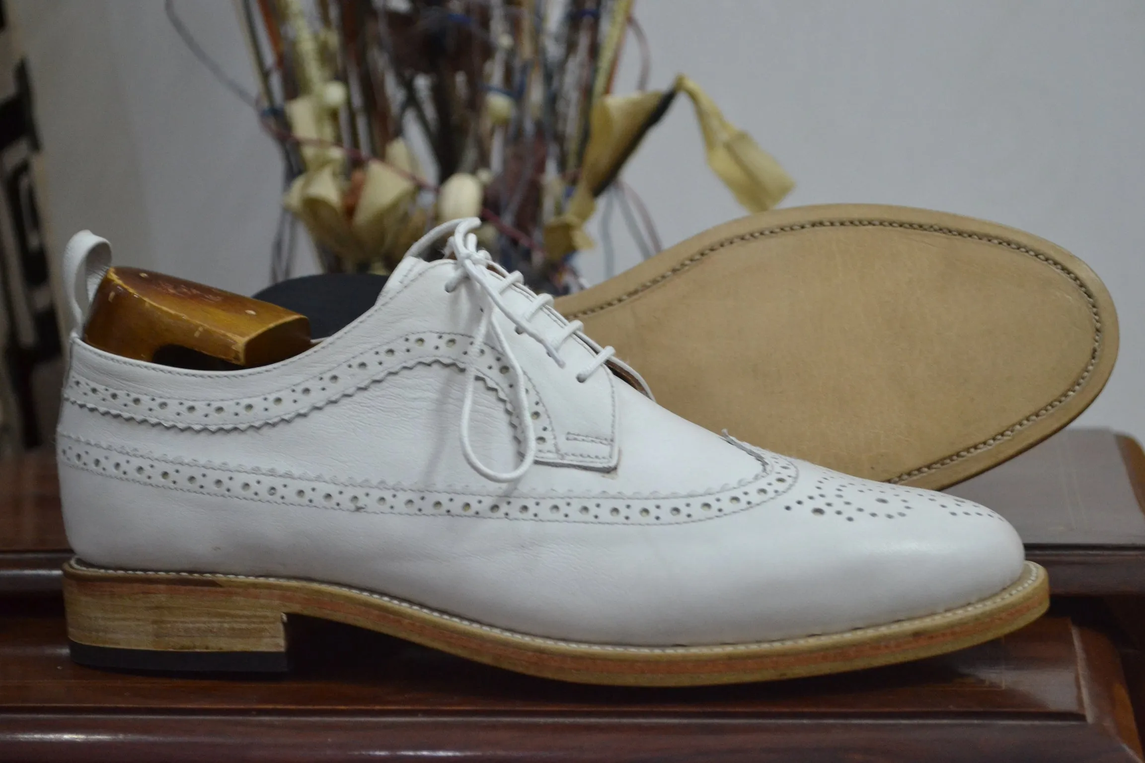 Handmade White Color Genuine Leather Wing Tip Brogues Stylish Oxfords Dress Shoes For Men's