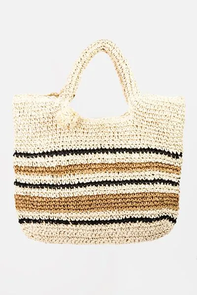 Hazel Blues® |  Fame Striped Straw Braided Tote Bag
