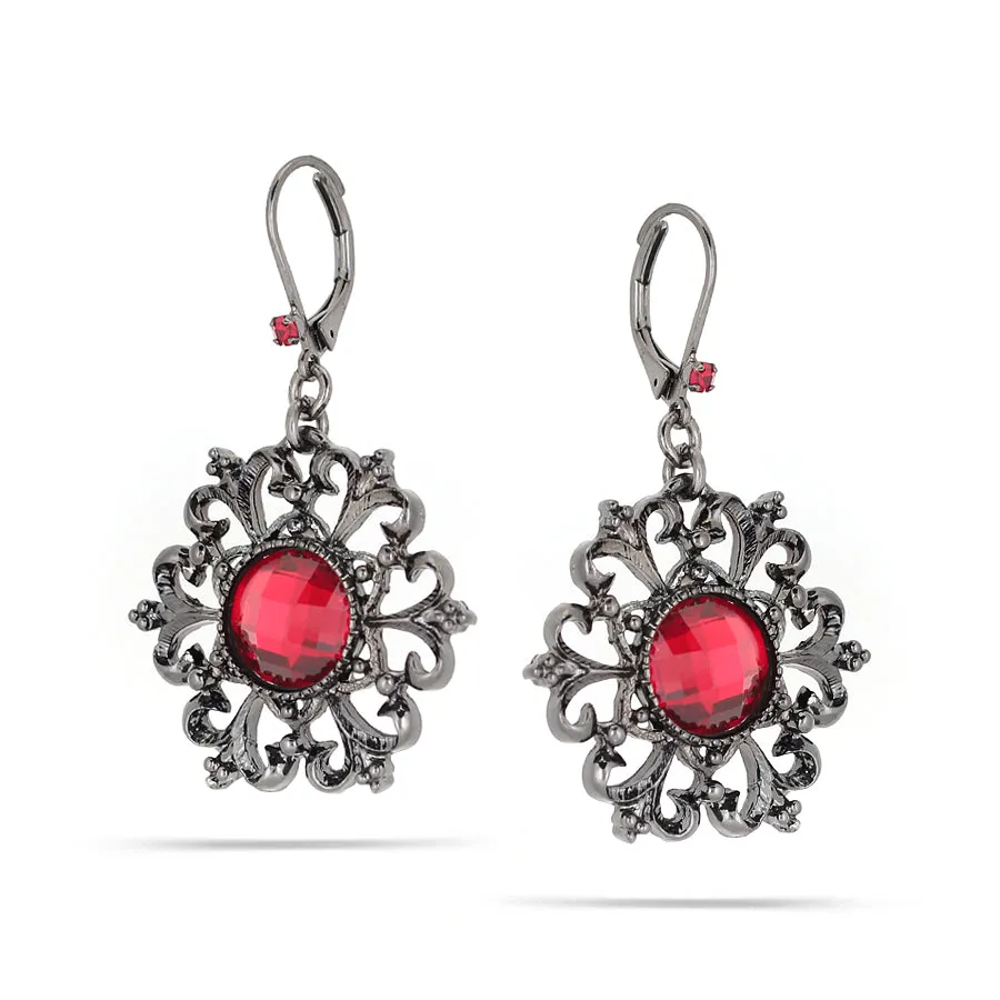 Hematite-Tone Earrings With Red Crystal Flowers #255RD3201 (1D9/1A5)