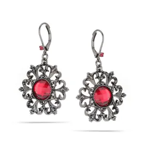 Hematite-Tone Earrings With Red Crystal Flowers #255RD3201 (1D9/1A5)