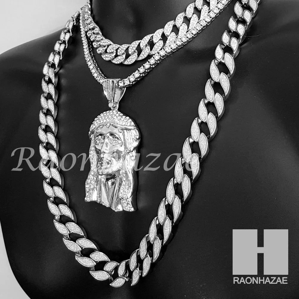 Hip Hop Jesus Pendant 16" Choker 18" Tennis 30" Miami Cuban Chain 26S