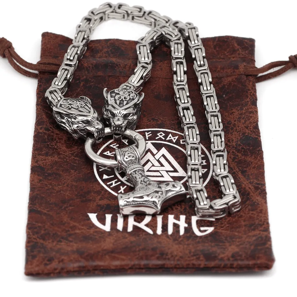 King Chain With Wolf Claws & Mjolnir Pendant
