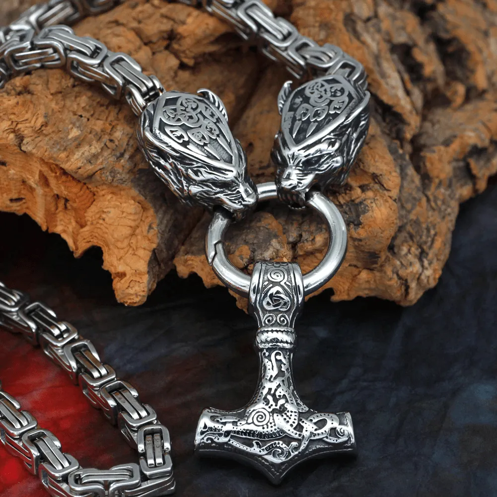 King Chain With Wolf Claws & Mjolnir Pendant