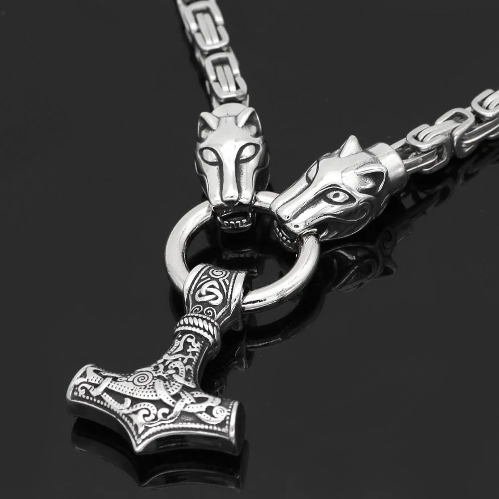 King Chain With Wolf Heads & Mjolnir Pendant
