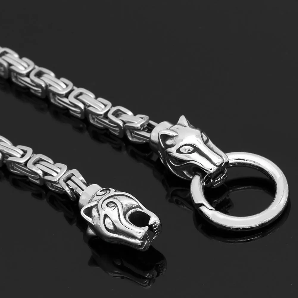 King Chain With Wolf Heads & Mjolnir Pendant