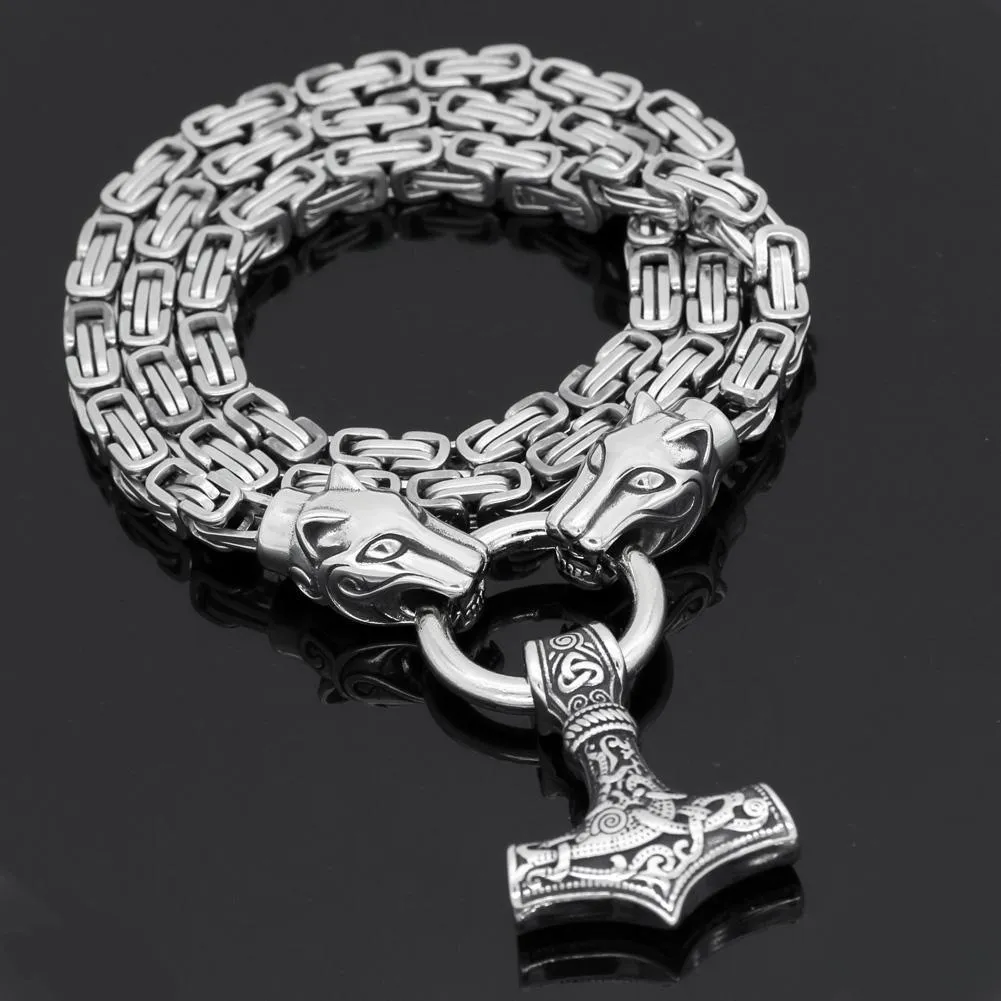 King Chain With Wolf Heads & Mjolnir Pendant