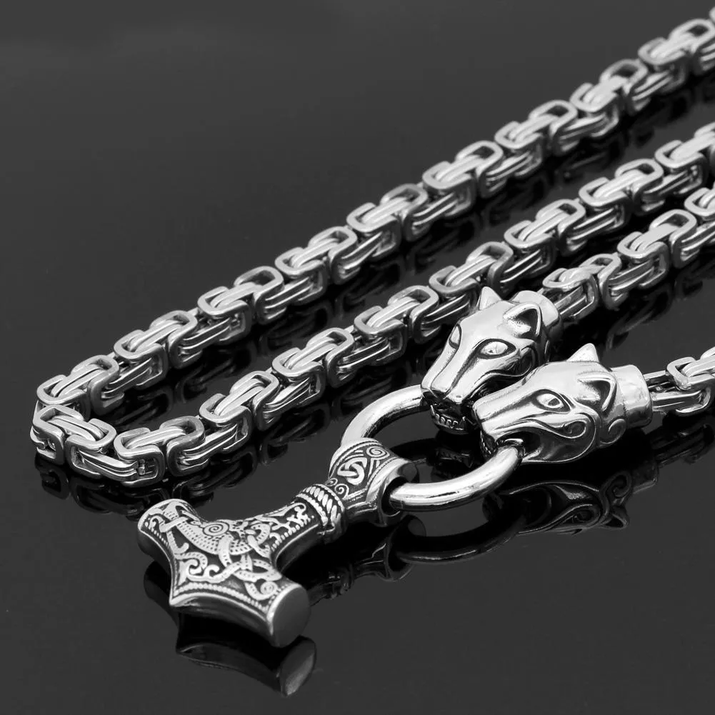 King Chain With Wolf Heads & Mjolnir Pendant
