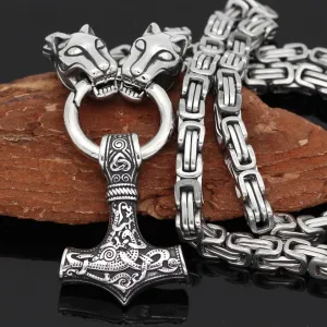 King Chain With Wolf Heads & Mjolnir Pendant
