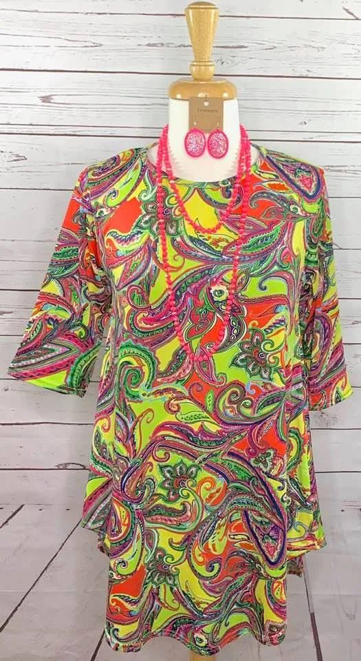 Large: Paradise Neon Paisley Scoop Tunic