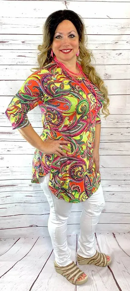 Large: Paradise Neon Paisley Scoop Tunic